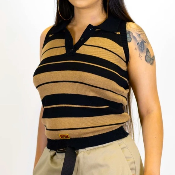 Striped Black and Tan Sleeveless Polo Top - Picture 1 of 7